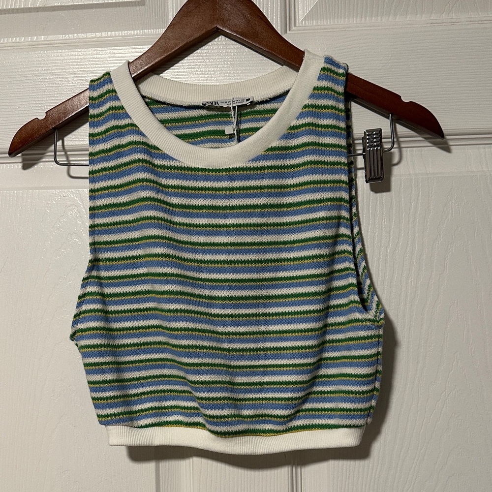 Zara Green and Blue Striped Tank Top